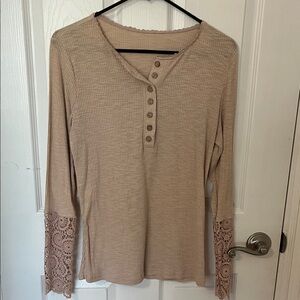 Women's Beige Long-Sleeve Lace Cuff Henley Top